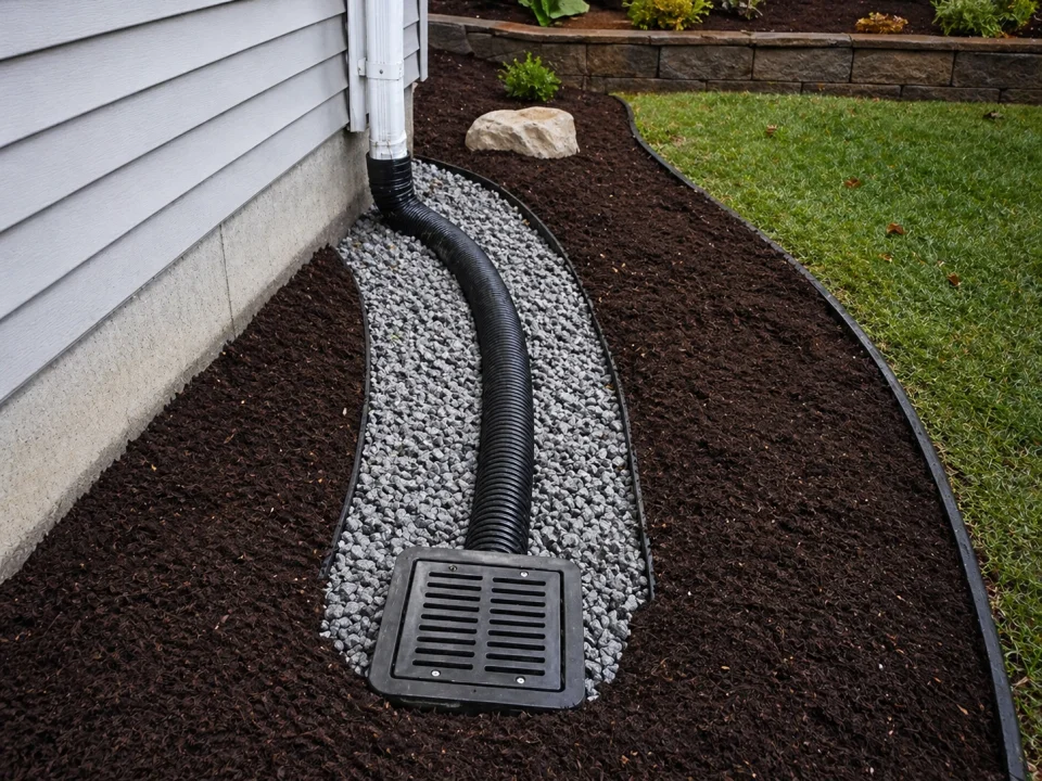 Residential French drain and downspout drainage diversion installation
