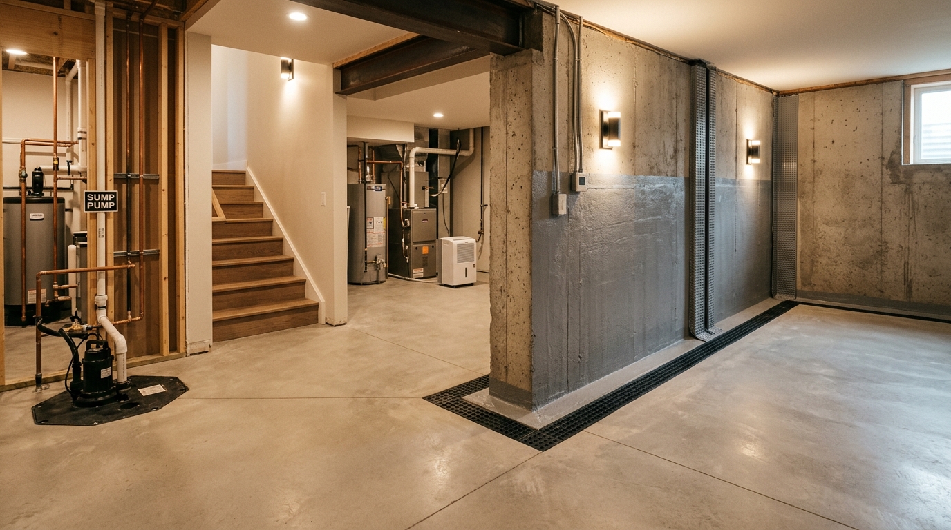 Clean residential basement with professional waterproofing, sump pump, and drainage systems